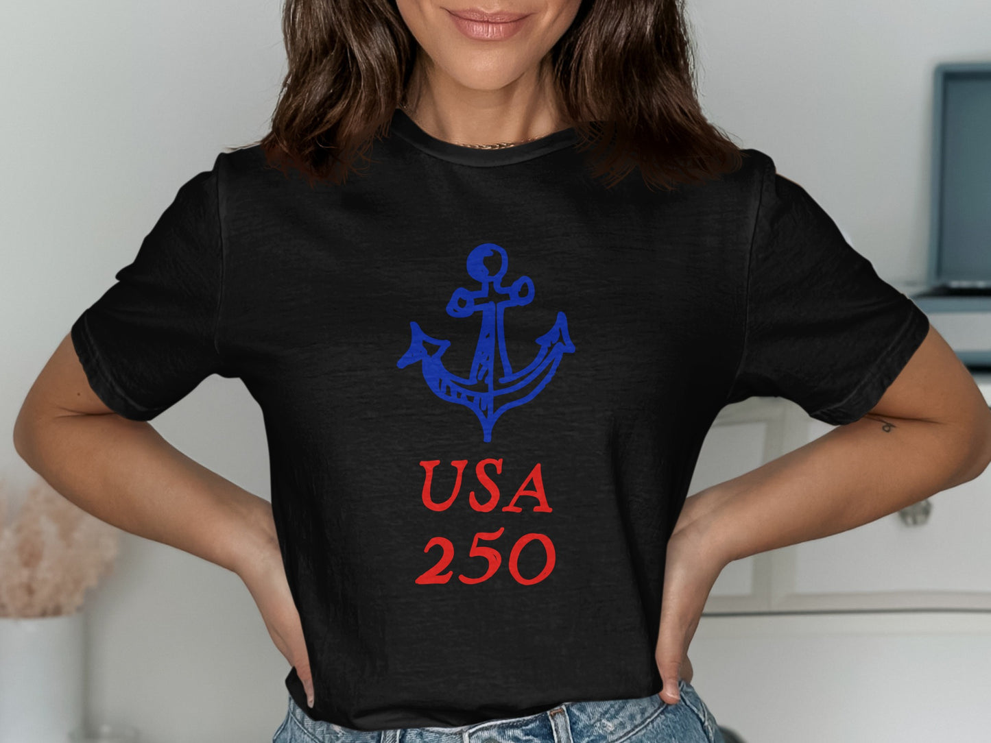 Black t-shirt with red anchor and "USA 250" text.
