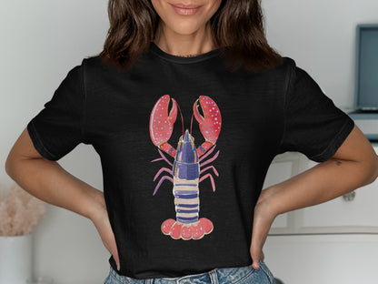 Black t-shirt featuring a watercolor illustration of a blue and pink lobster.