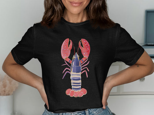 Black t-shirt featuring a watercolor illustration of a blue and pink lobster.