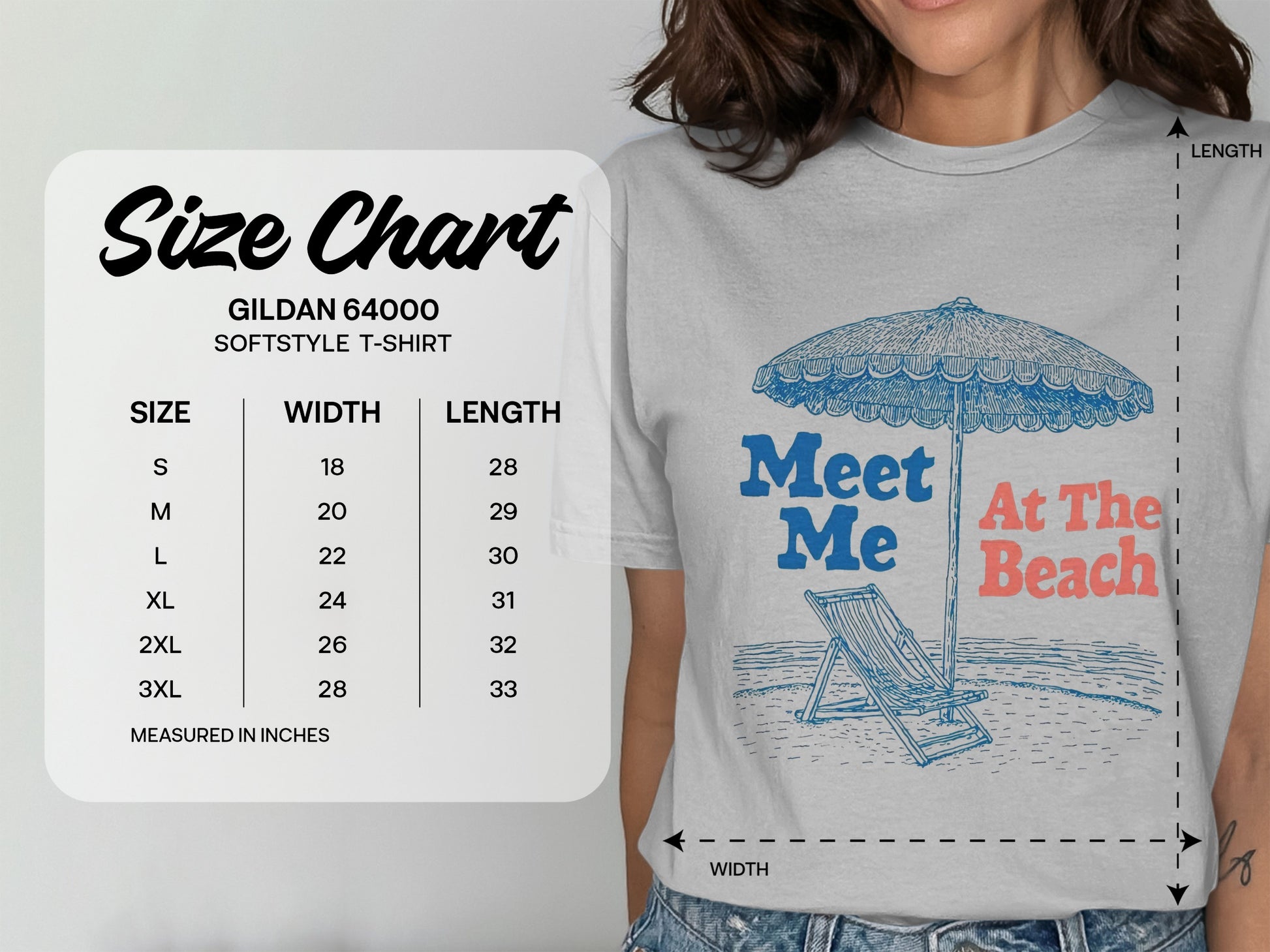 Gildan 64000 size chart with t-shirt graphic of umbrella and chair.