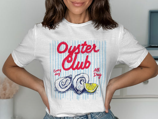 White t-shirt with "Oyster Club" text and oyster illustration.