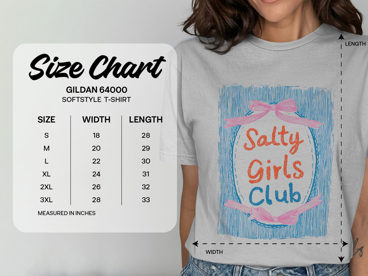 Gildan 64000 Softstyle t-shirt size chart with width and length measurements.