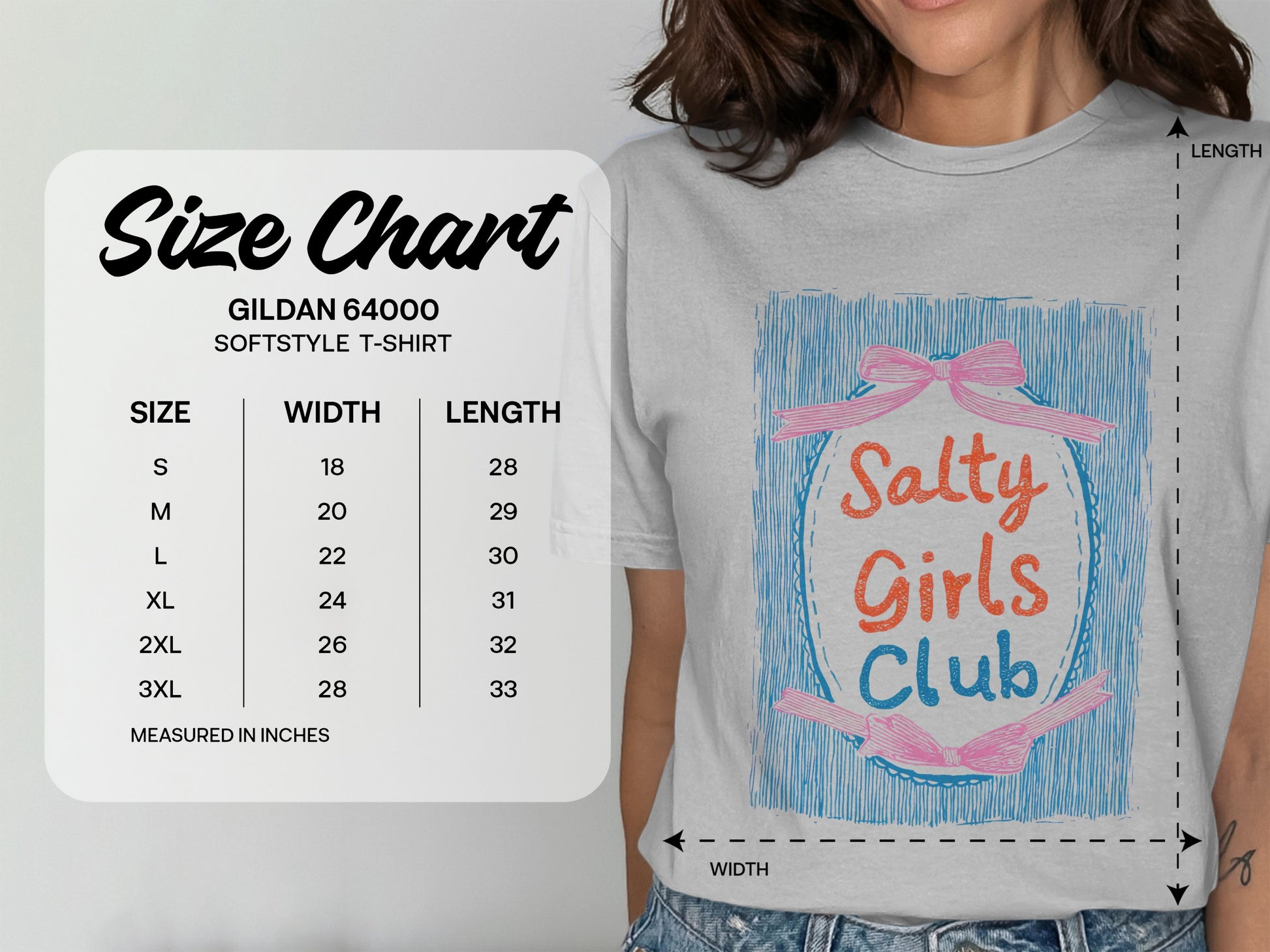 Gildan 64000 Softstyle t-shirt size chart with width and length measurements.