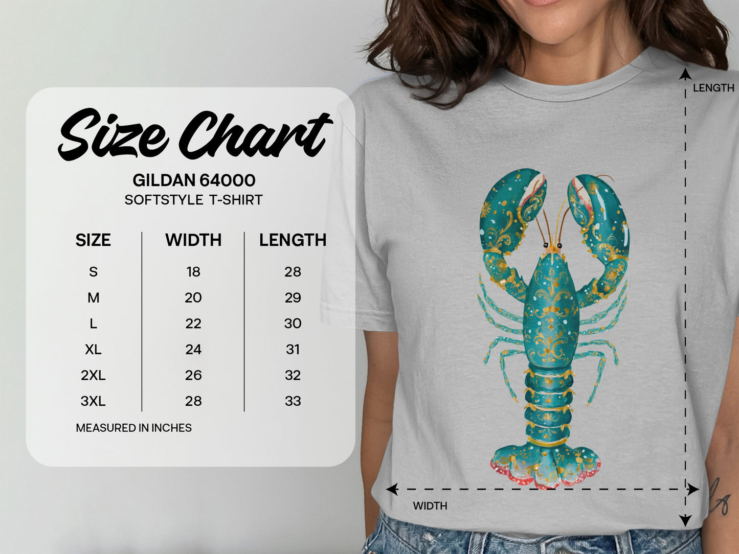 Gildan 64000 Softstyle T-shirt size chart with measurements in inches.