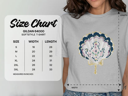 Gildan 64000 softstyle t-shirt size chart with width and length measurements in inches.