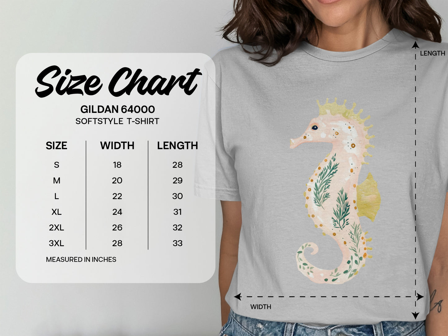 Gildan 64000 Softstyle T-shirt size chart with width and length measurements.