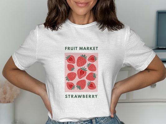 White t-shirt with a square print of strawberries and "STRAWBERRY" text.