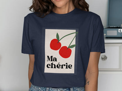 Navy t-shirt with graphic of two red cherries and text "Ma chérie".