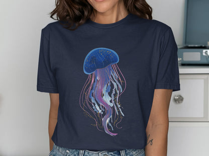 Navy t-shirt with a blue jellyfish illustration and pink tentacles.