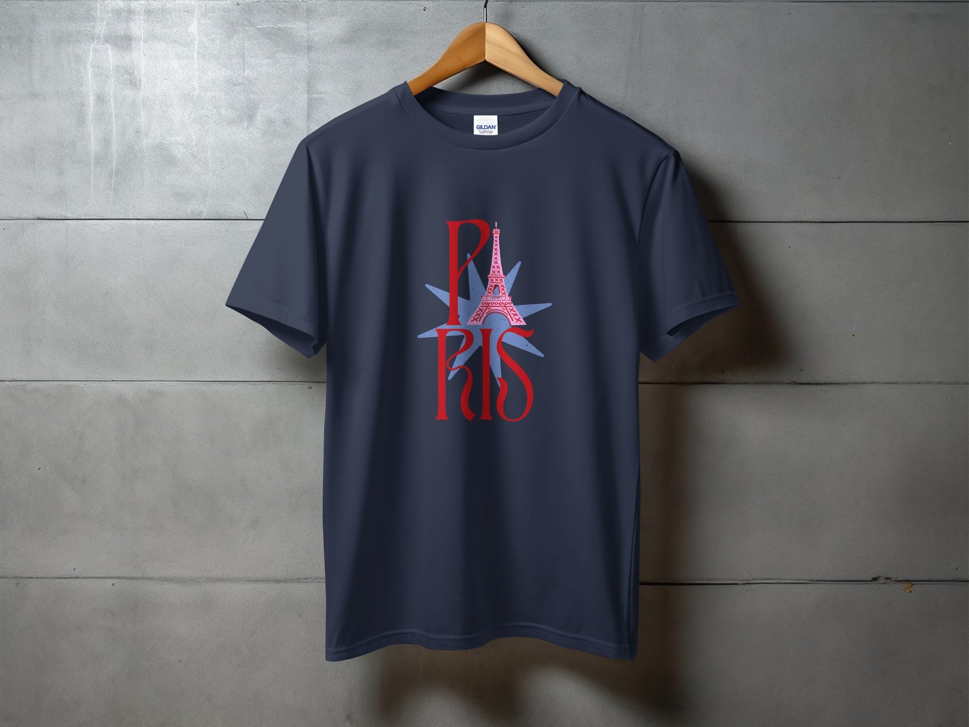 Navy t-shirt with red "PARIS" text and Eiffel Tower graphic.