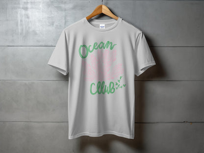 Light grey t-shirt with "Ocean Club" text and pink coral graphic.
