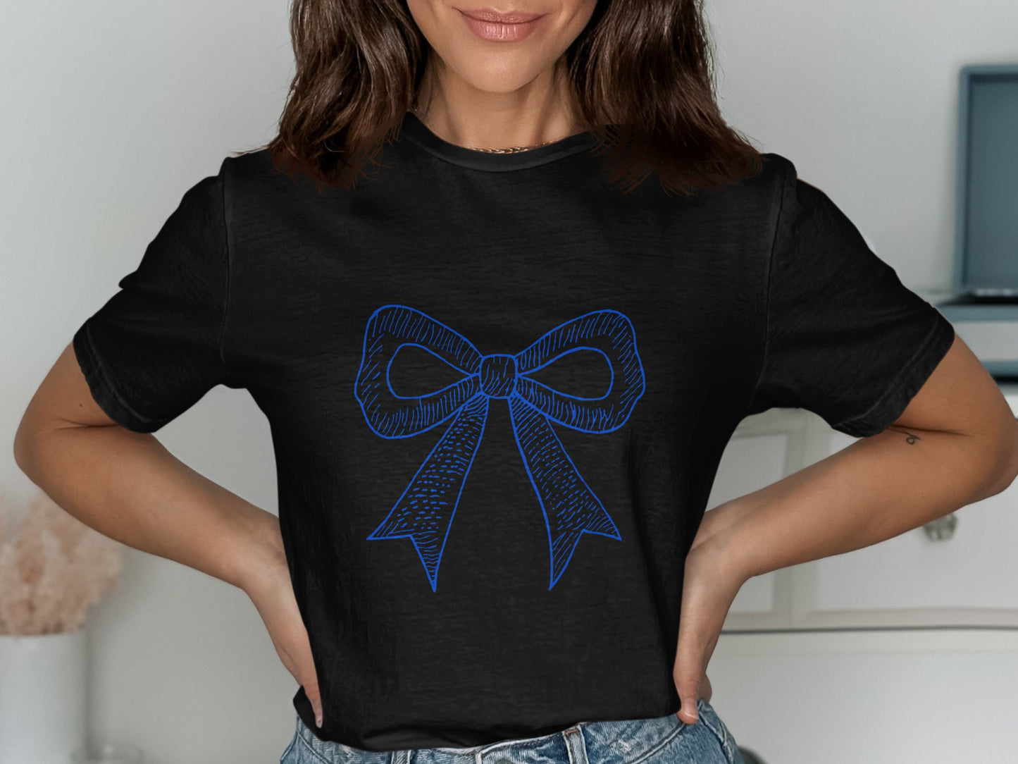 Black T-shirt with Blue Bow Graphic Design product type