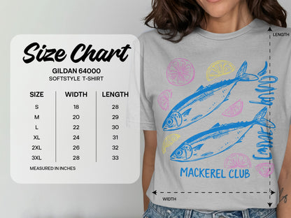Gildan 64000 softstyle t-shirt size chart with mackerel design.