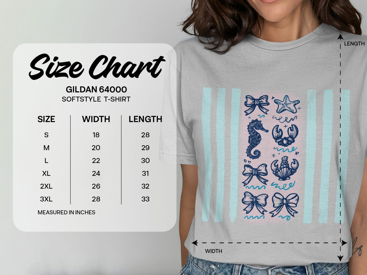 Gildan 64000 softstyle t-shirt size chart with measurements in inches.