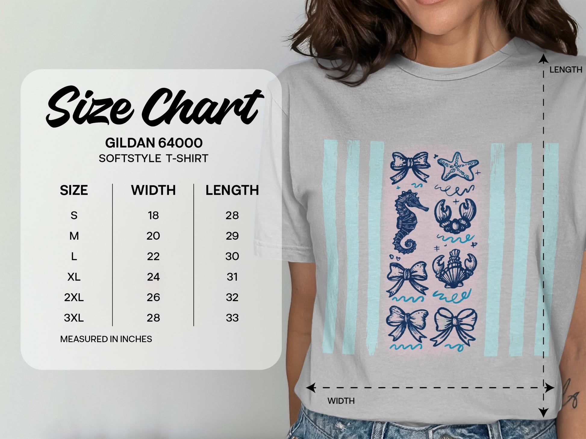 Gildan 64000 softstyle t-shirt size chart with measurements in inches.