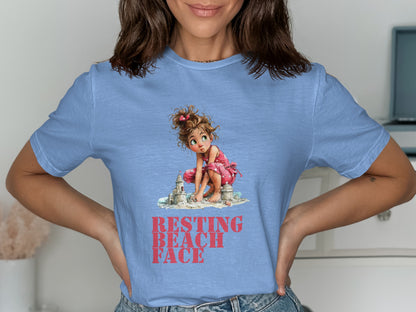 Girl building sandcastle on beach with "RESTING BEACH FACE" text.