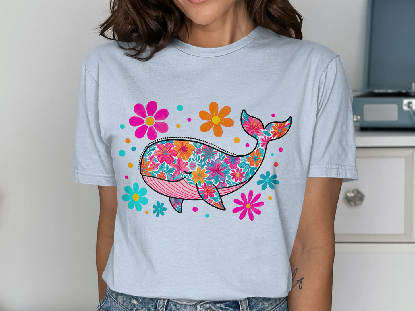 Colorful Floral Whale Graphic on Light Blue Shirt product