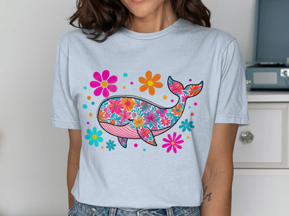 Colorful Floral Whale Graphic on Light Blue Shirt product