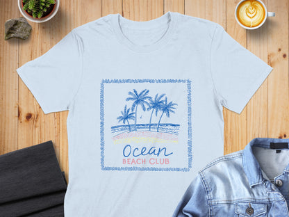 Light blue t-shirt with palm trees and "Ocean Beach Club" text.