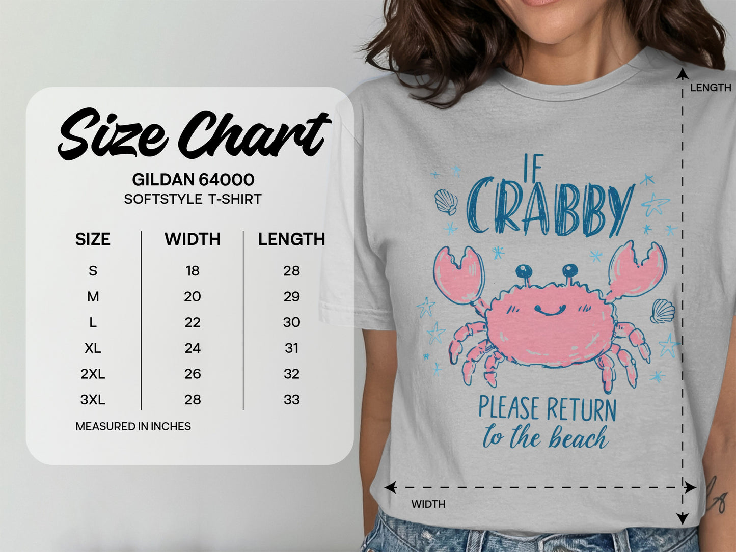 Size chart for Gildan 64000 t-shirt with crab graphic.