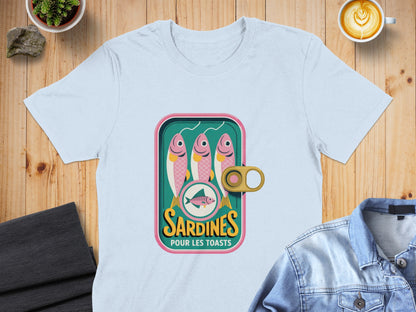 Light blue t-shirt featuring a cartoon sardine can label.