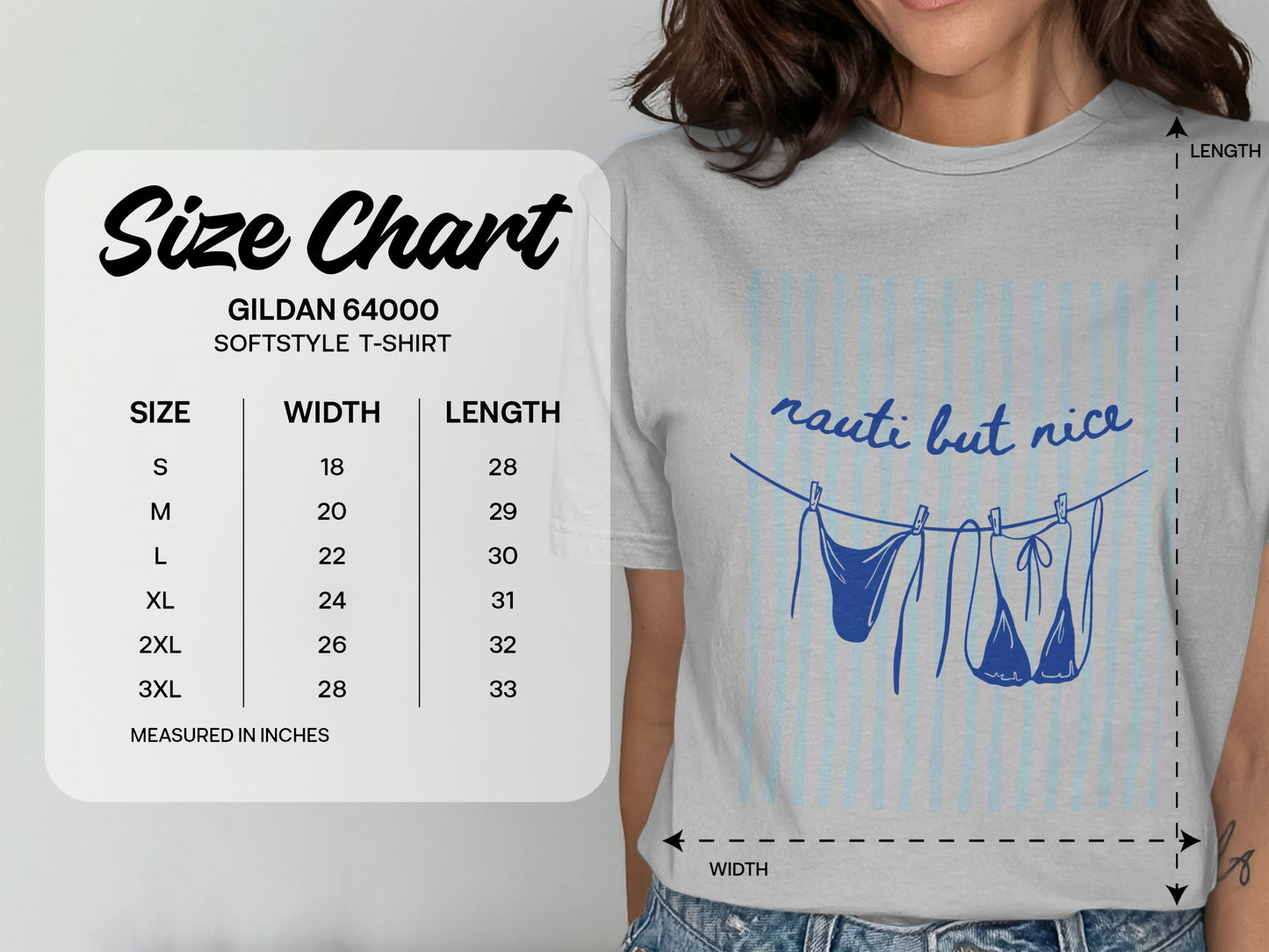 Gildan 64000 t-shirt size chart with measurements for width and length.