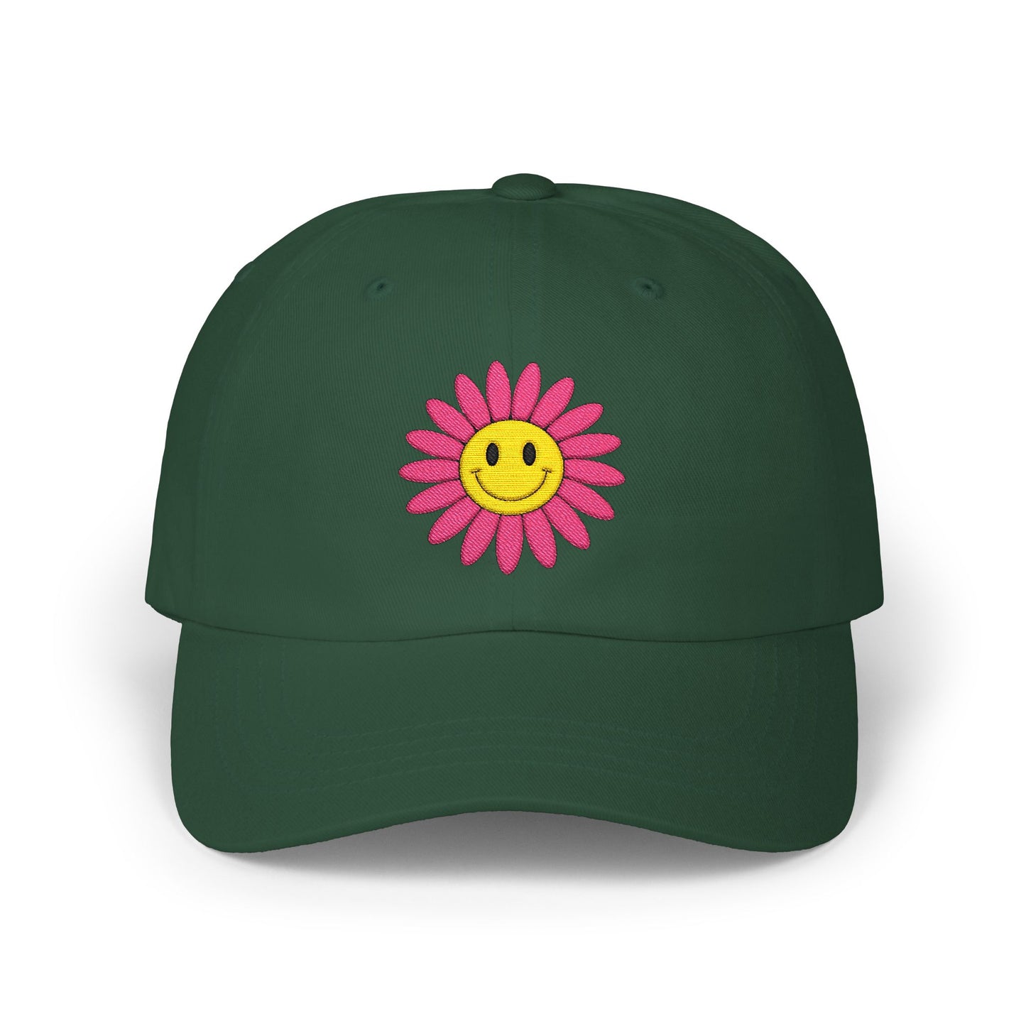 Smiley Daisy Dad Cap Embroidered Pink Flower Hat