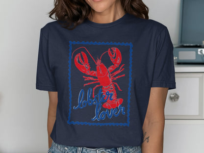 Navy blue t-shirt with red lobster and "lobster lover" text.