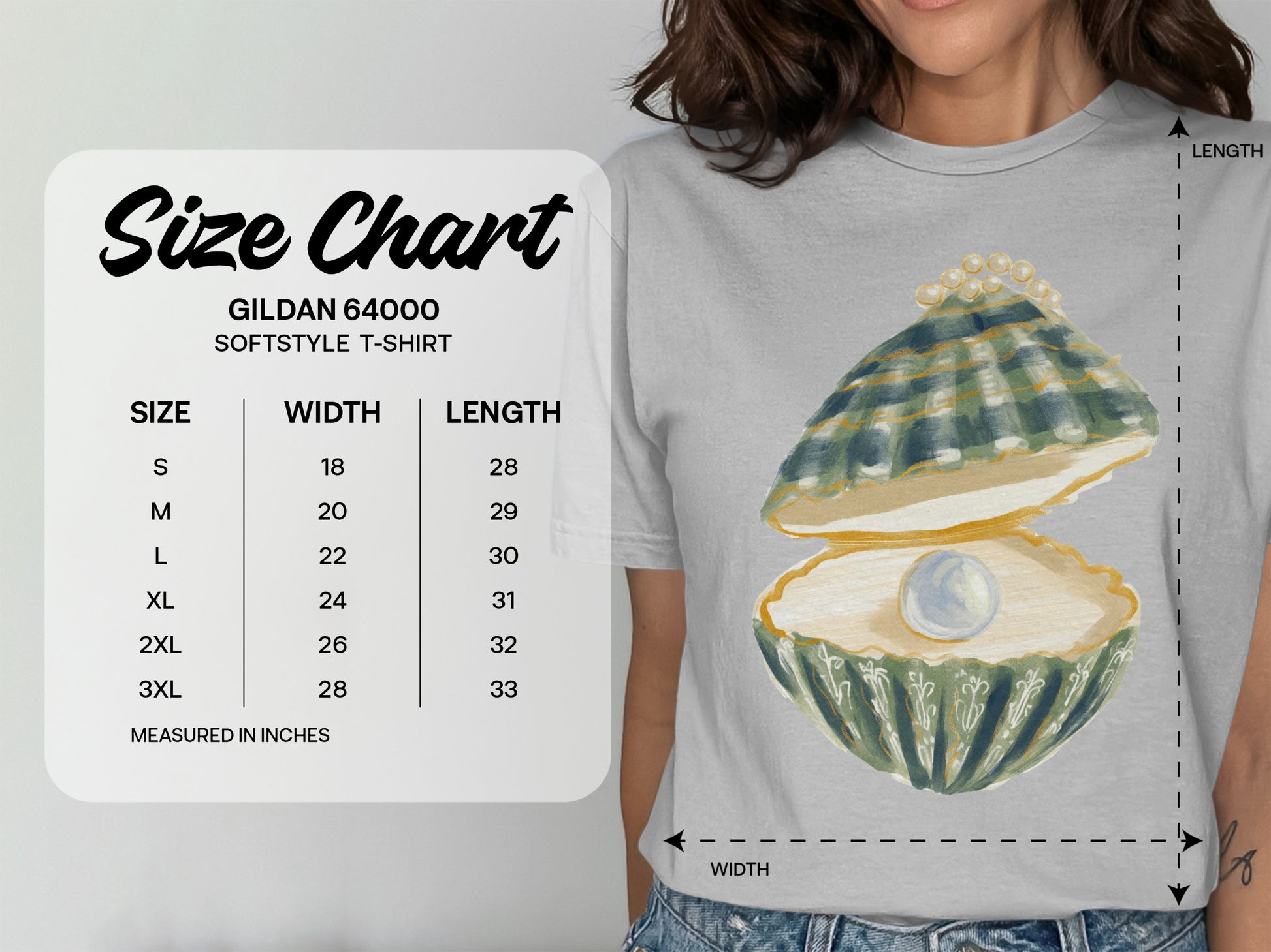 Gildan 64000 softstyle t-shirt size chart with measurements in inches.