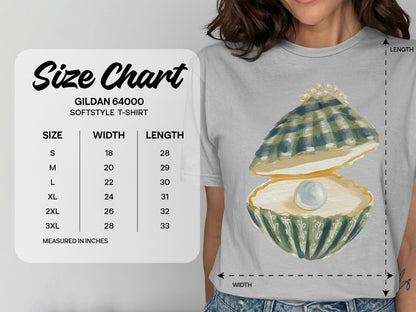 Gildan 64000 softstyle t-shirt size chart with measurements in inches.