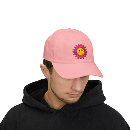 Smiley Daisy Dad Cap Embroidered Pink Flower Hat