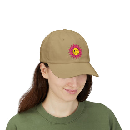 Smiley Daisy Dad Cap Embroidered Pink Flower Hat