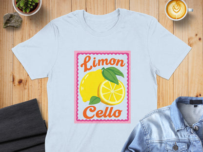 Light blue t-shirt with a "Limon Cello" design featuring lemons.