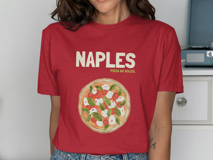 Red t-shirt with "Naples Pizza au Soleil" text and illustration of margherita pizza.