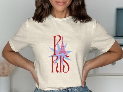 Cream t-shirt with red "P" and "RIS" and a blue Eiffel Tower graphic.