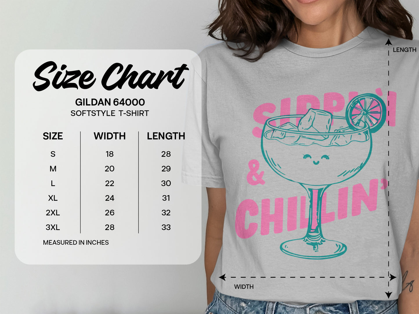 Gildan 64000 Softstyle T-shirt size chart with measurements for width and length.
