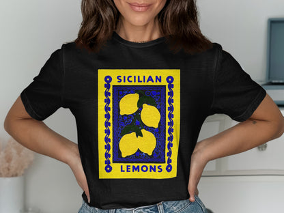 Black t-shirt with a "Sicilian Lemons" label featuring yellow lemons and blue floral border.