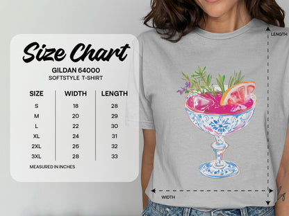 Gildan 64000 Softstyle T-shirt size chart with measurements in inches.