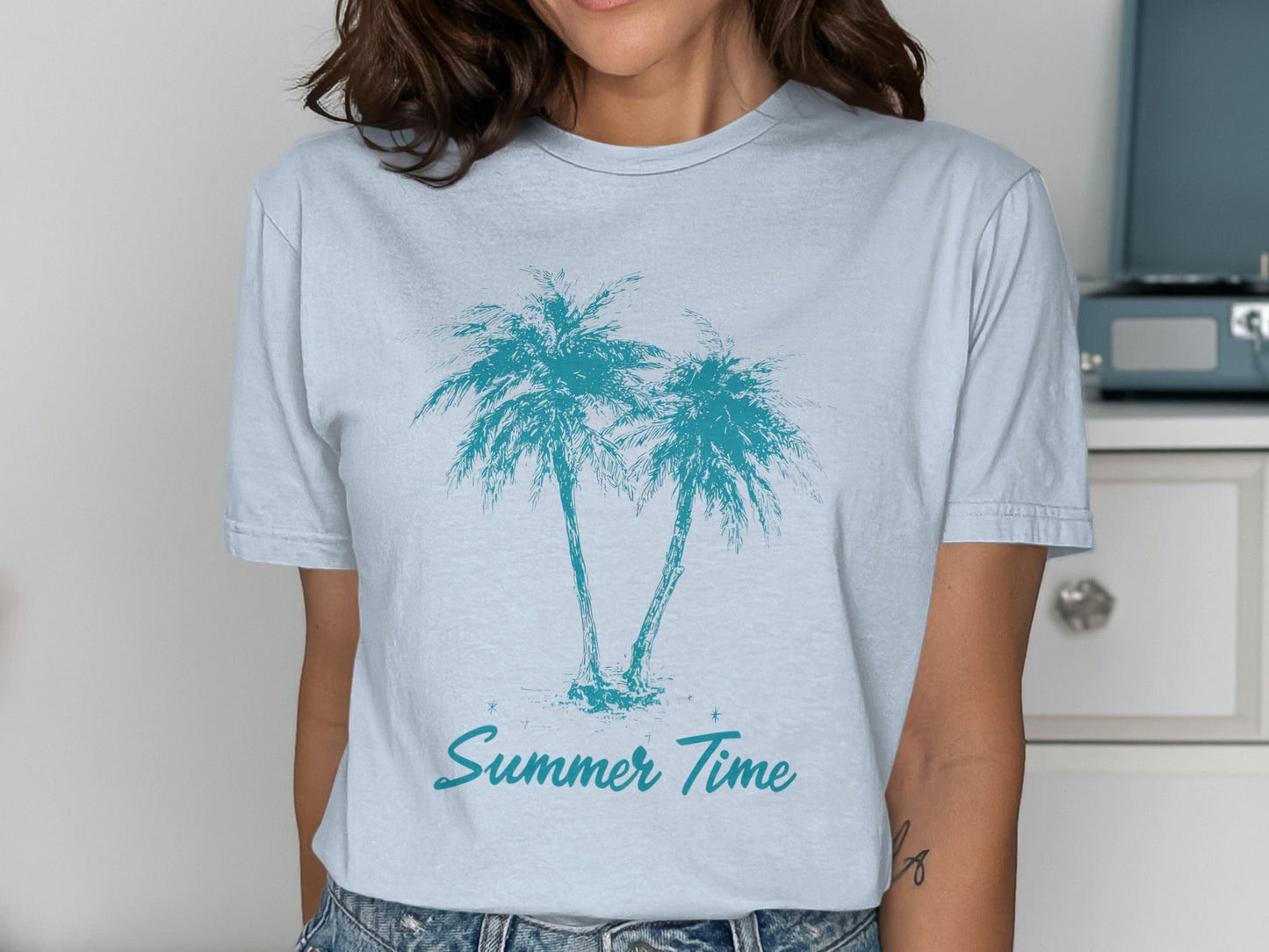 Light blue t-shirt with teal palm trees and "Summer Time" text.