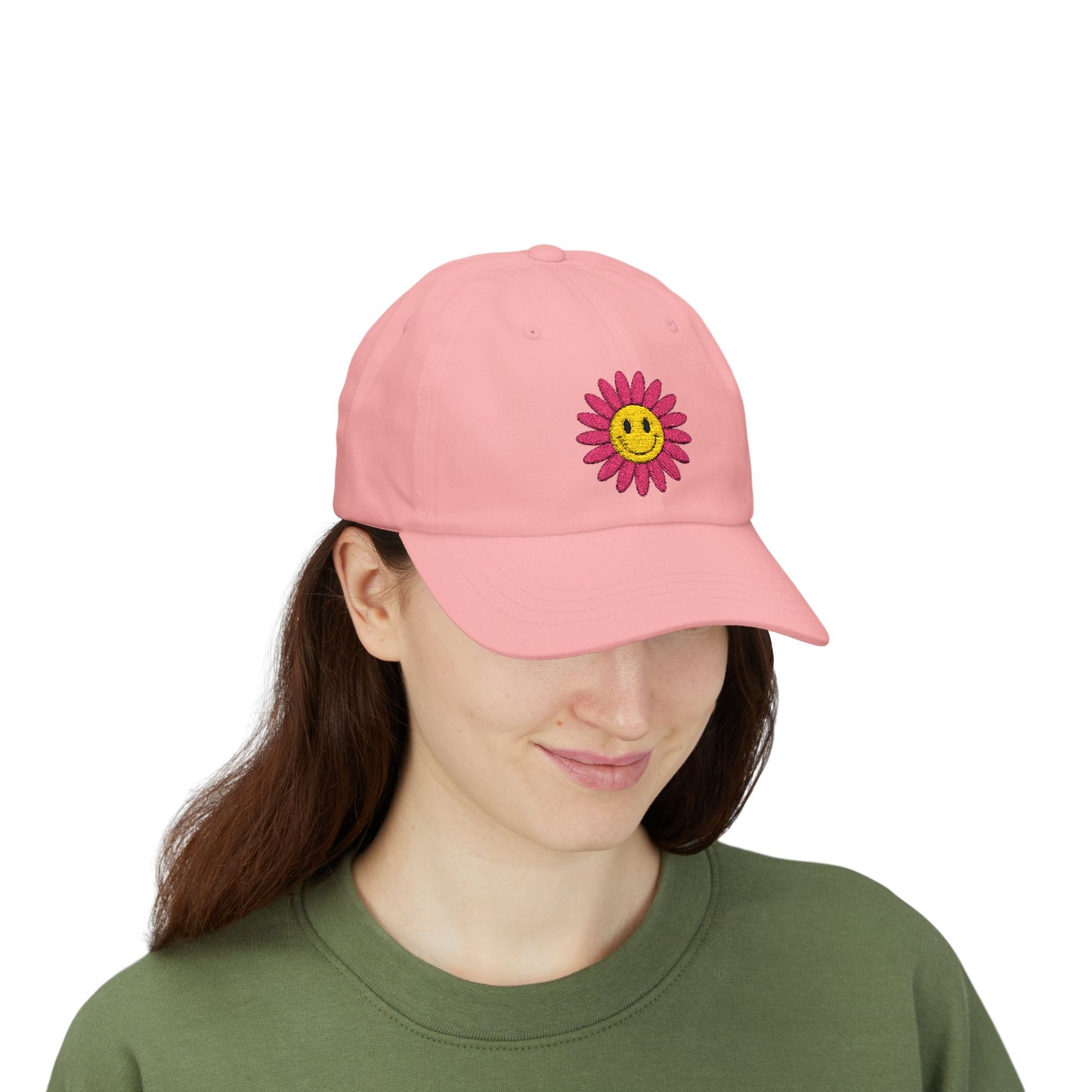 Smiley Daisy Dad Cap Embroidered Pink Flower Hat