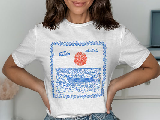 Sailboat and Red Sun Graphic Print T-Shirt product