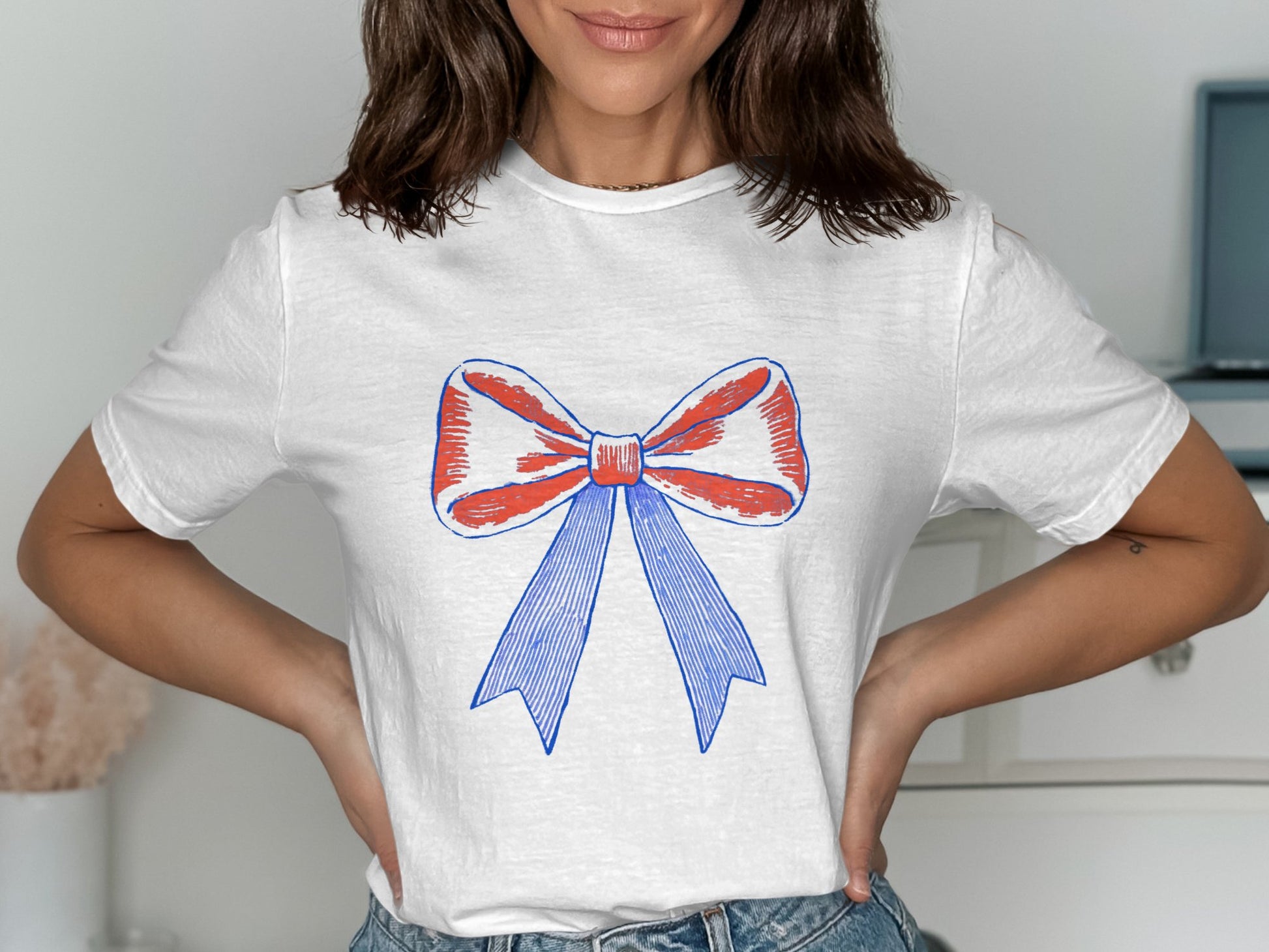 White T-Shirt with Red and Blue Bow Tie Graphic product
