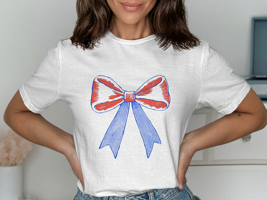 White T-Shirt with Red and Blue Bow Tie Graphic product