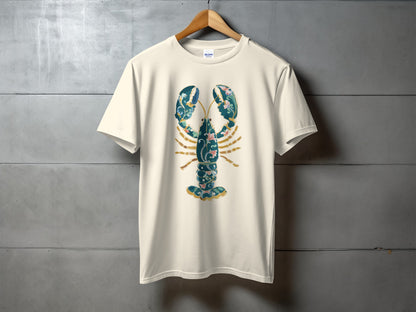 Cream t-shirt with a blue and pink ornate lobster graphic.