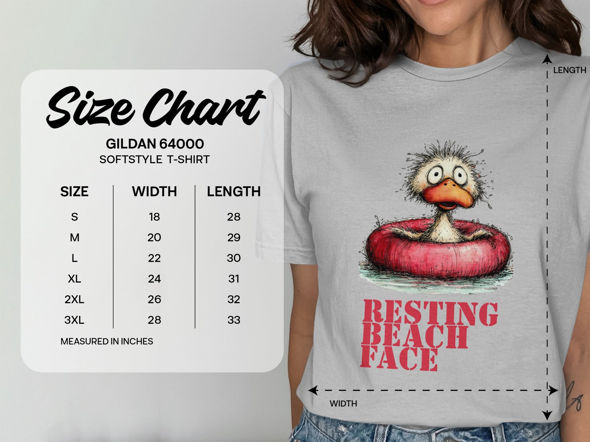 Gildan 64000 softstyle t-shirt size chart with measurements.