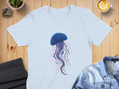 Light blue t-shirt with a blue jellyfish illustration and gold accents.