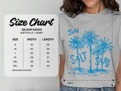 Gildan 64000 t-shirt size chart with Sun Salt Sand graphic.