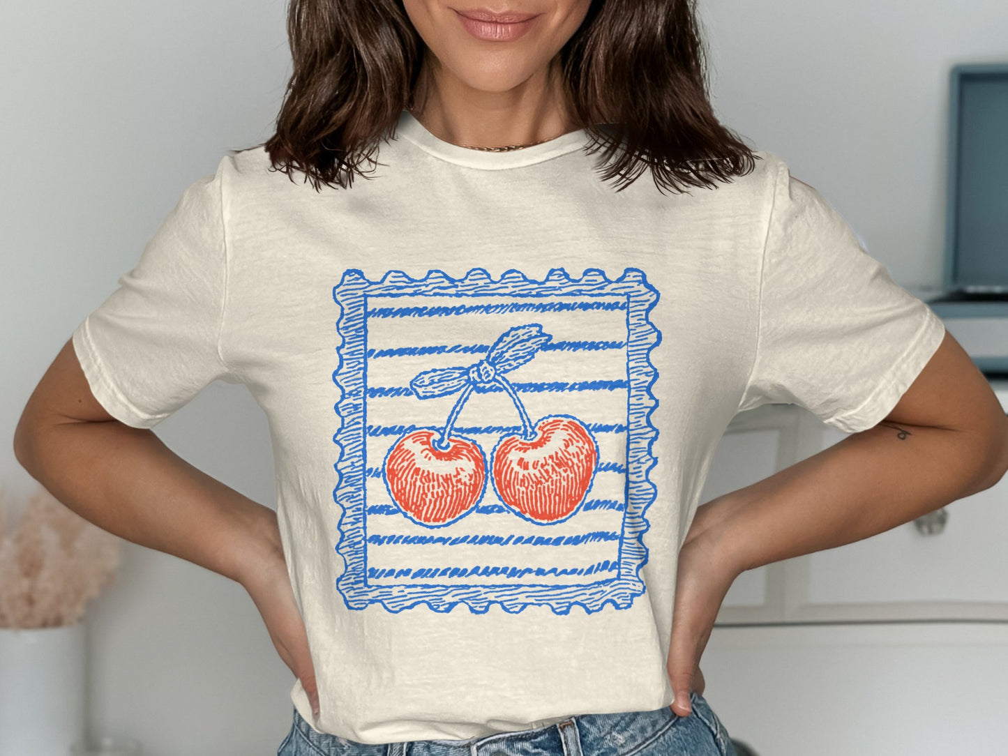 Fun Blue Striped Cherry Design Graphic Tee product