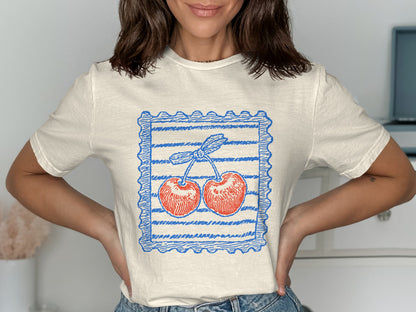 Fun Blue Striped Cherry Design Graphic Tee product