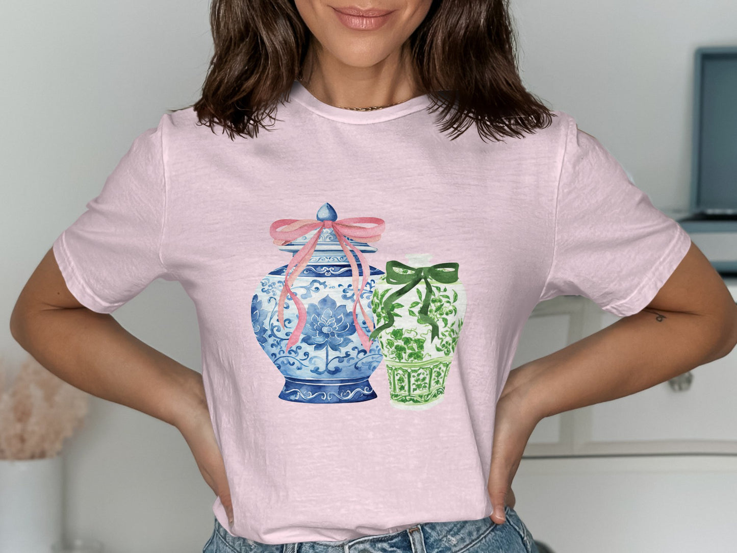Pink T-shirt with Decorative Bow and Vase Graphic product type